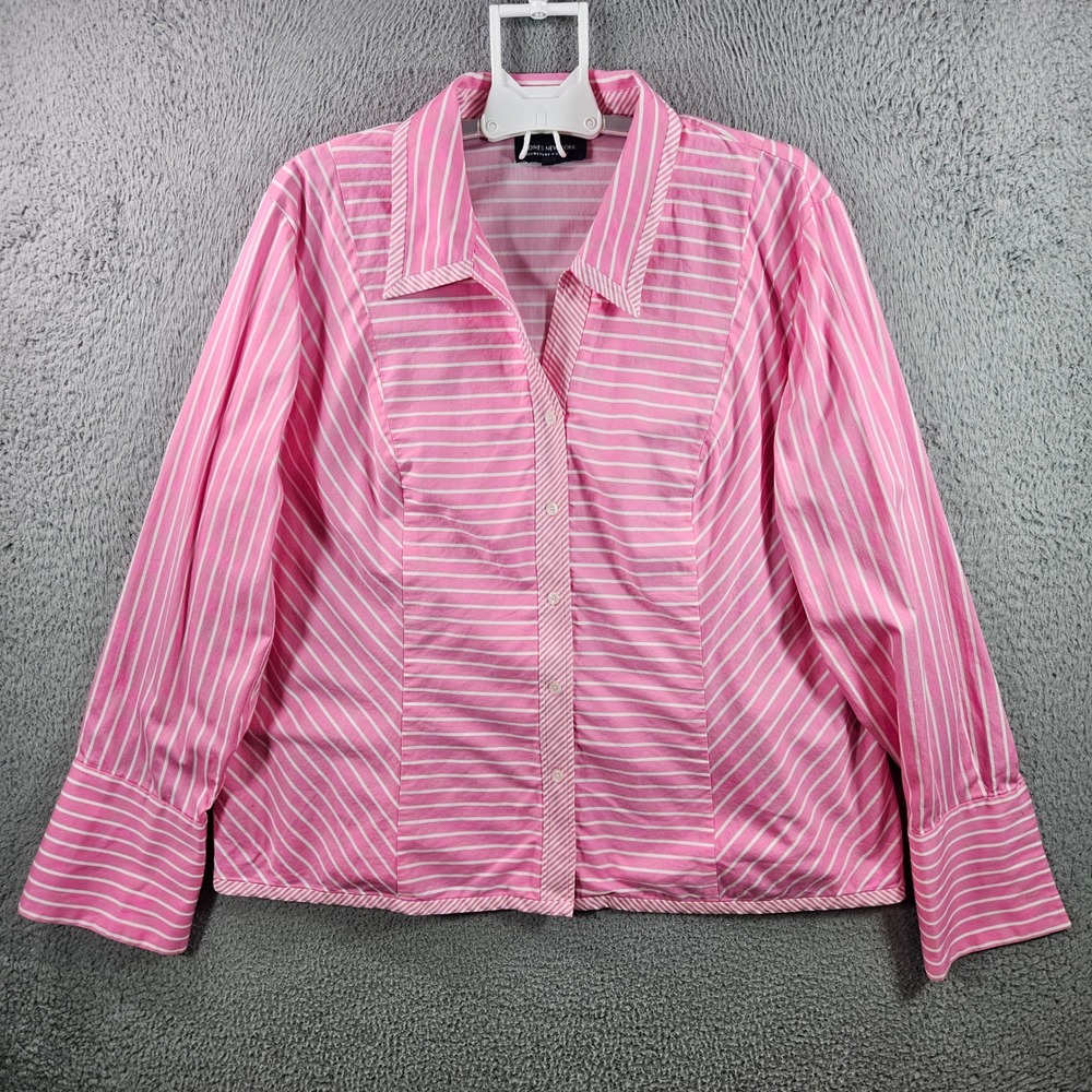 JONES NEW YORK SIGNATURE WOMAN Pink White Stripe Button Up‎ Shirt Blouse 3X